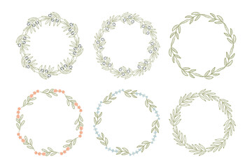 Hand drawn botanical wreath frames set with olive branches, flowers. Elegant pastel floral vector border collection for wedding invitations, packaging, greeting cards, decoration.
