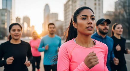 Group of diverse runners training outdoors at sunset, embracing fitness and community spirit – a motivational moment.