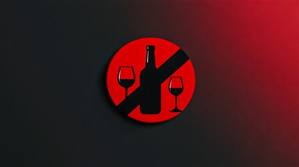 Symbol of no alcohol with wine glasses and bottle on red circle, representing sobriety and healthy living.