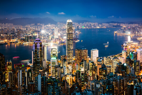 Business center skyline at dusk, Hong Kong