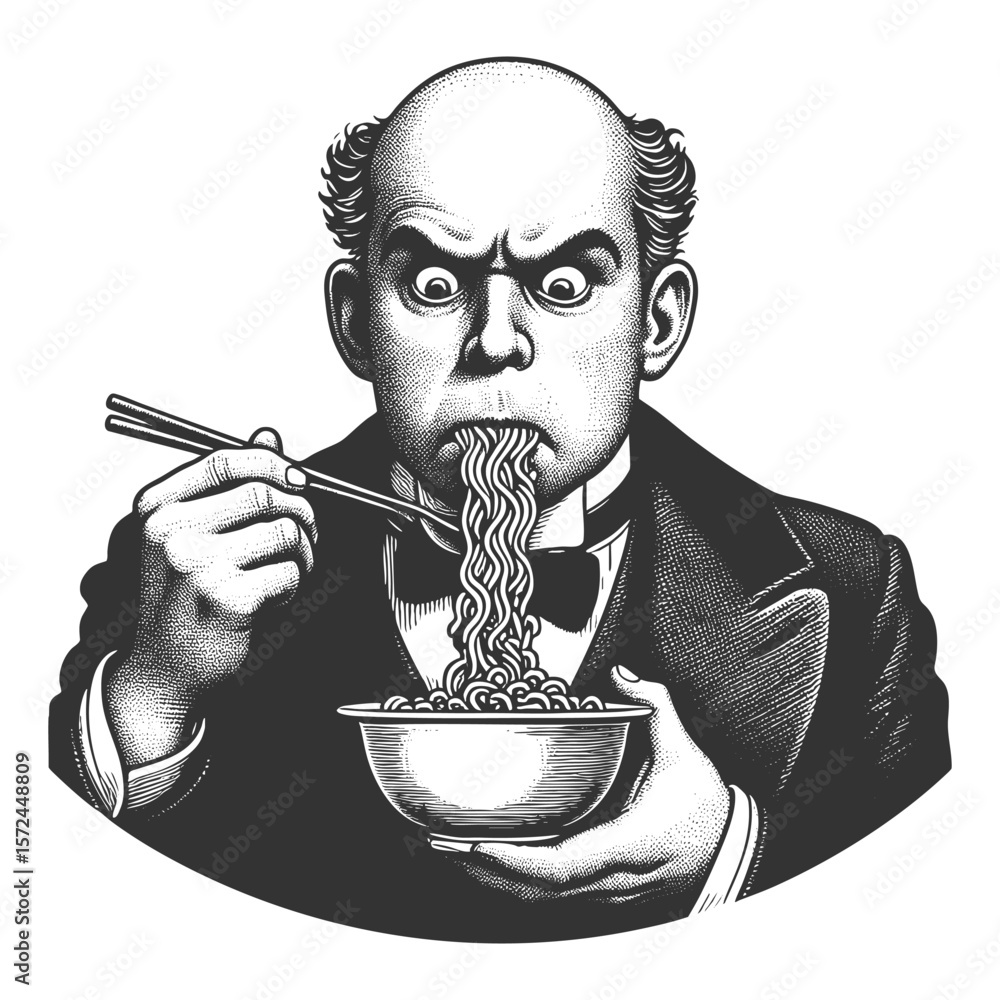 Poster funny wide-eyed victorian man exaggeratedly slurping noodles from bowl with a stunned expression ske