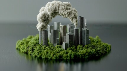 Miniature Cityscape with Pollution Smoke Emerging from Buildings Surrounded by Green Moss