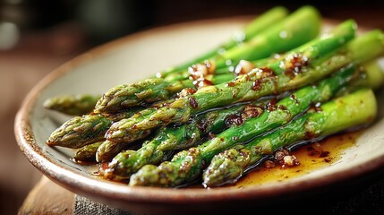 Roasted asparagus glistens with balsamic glaze on rustic plate, a culinary delight