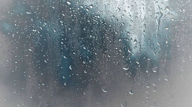 Closeup view of rain droplets on a glass window reflecting the moody and atmospheric blue and gray tones of a stormy sky  The wet surface creates a textured abstract and contemplative background