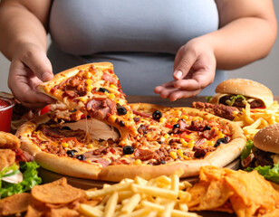 AI generated an overweight woman holding a dripping pizza slice surrounded by unhealthy fast food. Concept focuses on obesity, unhealthy eating habits, and indulgence.