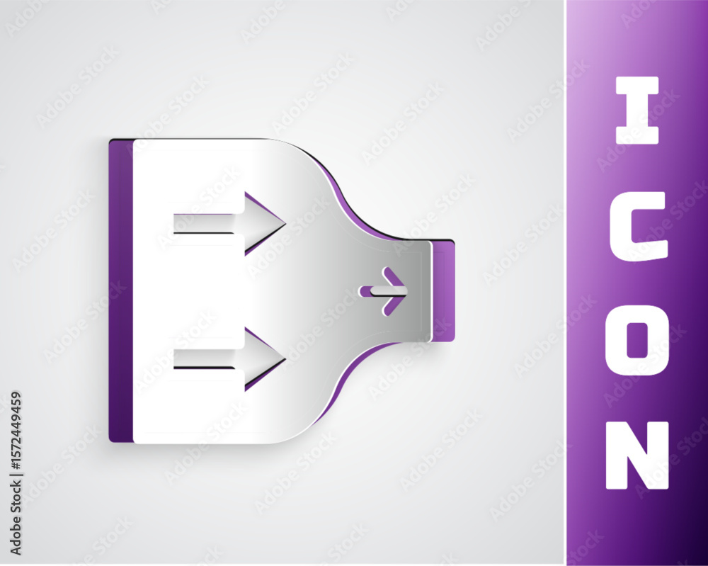 Poster paper cut arrow icon isolated on grey background. direction arrowhead symbol. navigation pointer sig