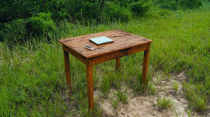 Rustic Wooden Table with Notebook and Pens in a Grassy Outdoor Setting