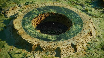 Aerial View of a Circular Hole in a Desert Landscape with Intricate Geometric Pattern