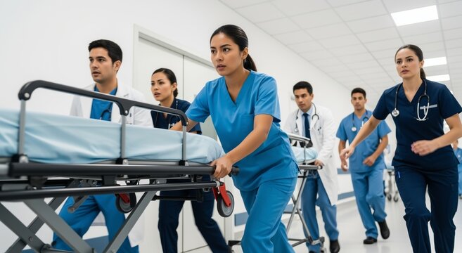 Healthcare professionals rush down hospital corridor, pushing stretcher – teamwork and urgency in medical environment