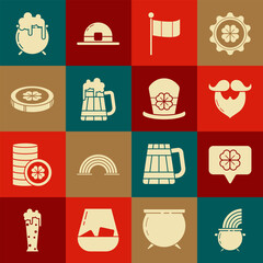 Set Witch cauldron and rainbow, Four leaf clover speech bubble, Mustache beard, National Ireland flag, Wooden beer mug, Gold coin with four, and Leprechaun hat icon. Vector