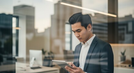 Businessman using a tablet in a modern office, reflecting concentration and professionalism – technology and work productivity.