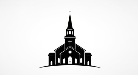 Silhouette of a Church Building with Cross, Isolated on White Background.