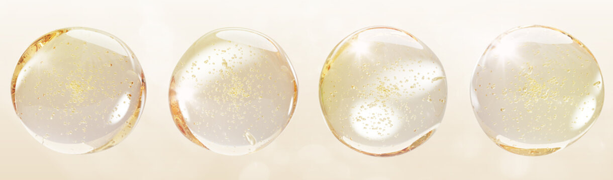 3d gold liquid oil vitamin drops with air bubbles. Serum, collagen gel or essence droplets. Cosmetic yellow transparent balls of hyaluronic acid, beauty product for skin and hair care. 3D illustration