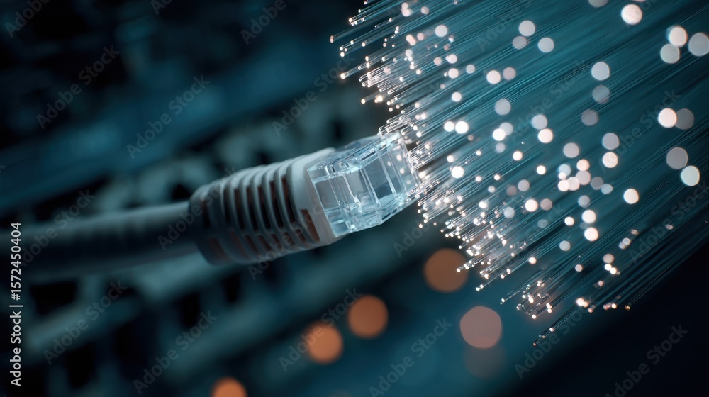 Poster macro shot focusing on a fiber optic connector being connected to a network switch emphasizing the d