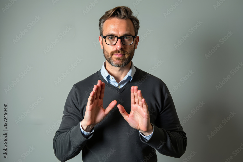 Poster a series of photographs showcasing a man's expressive hand gestures in sign language, creatively inc