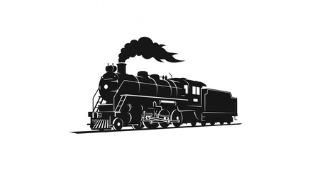 Vintage Steam Locomotive Silhouette, Black and White Illustration