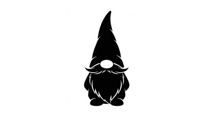 Silhouette of a whimsical gnome with a pointed hat and bushy beard on white