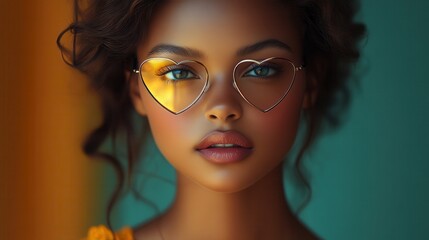 Fototapeta premium Heartfelt vision African Girl wearing golden heart-shaped sunglasses displaying innocence and style