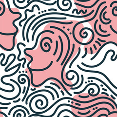 Pink smiling side face abstract doodle seamless pattern. Hand drawn illustration for sticker, postcard, wallpaper, mural, fabric, prints, etc