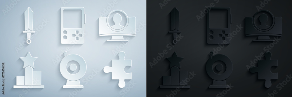 Poster set web camera, create account screen, star, piece of puzzle, portable video game console and sword 