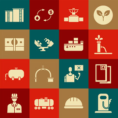 Set Petrol or gas station, Barrel oil, Oil pump pump jack, Industry pipe and valve, Wrecked tanker ship, Stacks paper money cash, industrial factory building and icon. Vector