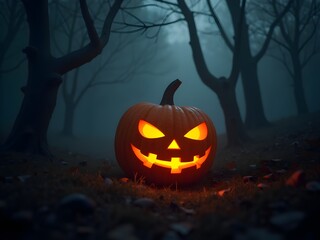 Spooky Glowing Jack-o'-Lantern in Dark Foggy Forest – Halloween Background