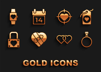 Set Candy in heart shaped box, Heart tag, Diamond engagement ring, Two Linked Hearts, Lock, the center of darts target aim, wrist watch and Calendar with February 14 icon. Vector