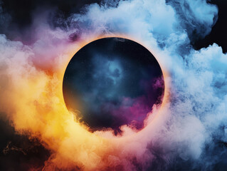 Cosmic eclipse with vibrant orange and blue smoke swirling around dark celestial sphere