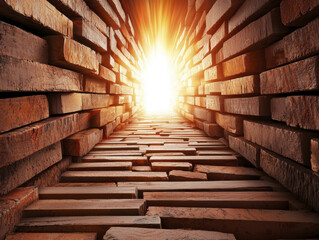Bright light shining through narrow brick tunnel creating hopeful atmosphere