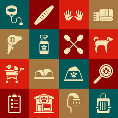 Set Pet carry case, Flea search, Dog, Medical rubber gloves, shampoo, Hair dryer, Retractable cord leash and Cotton swab for ears icon. Vector