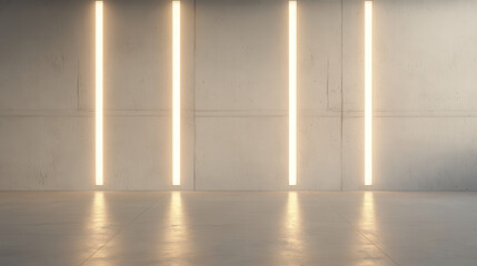 Minimalist empty room with vertical light strips on concrete wall creating calm mood
