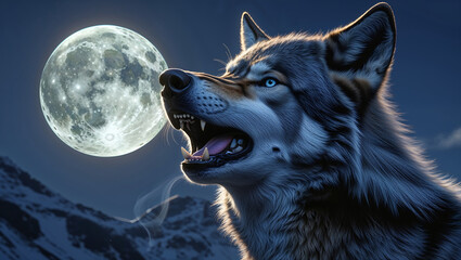 Powerful Wolf Howling Toward the Moon on a Cold Night with Vapor Breath and a Dramatic Mountain Landscape in the Background

