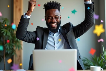 African businessman jubilantly celebrates success in office, surrounded by dancing and falling confetti while staring at laptop.