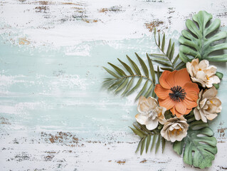 Spring inspired layout featuring blooming flower and green leaves on rustic wooden background