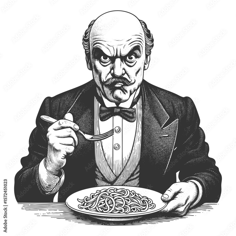 Poster funny wide-eyed victorian man exaggeratedly slurping noodles from bowl with a stunned expression ske