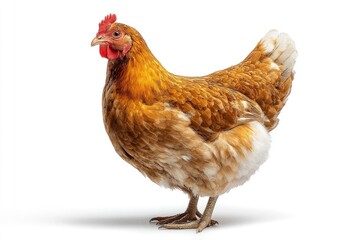 Fototapeta premium A brown chicken stands against a white backdrop its feathers detailed and its red comb prominent
