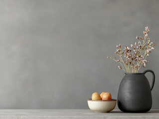 Minimalist still life with black ceramic pitcher and bowl of fruit on grey surface
