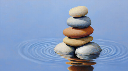 Stacked smooth stones balanced water surface with gentle ripples creating calm and peaceful scene