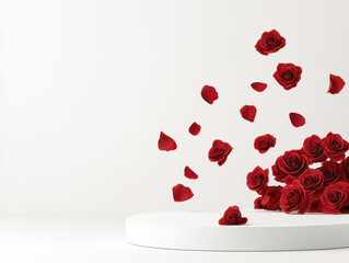 Red rose petals and flowers floating above clean white round podium with soft lighting