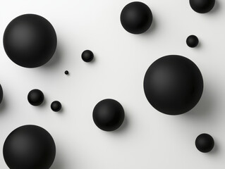 Black spheres floating on white background with soft shadows creating calm abstract scene