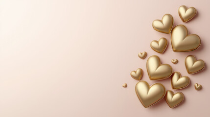 Golden heart shapes floating on soft pink background create warm romantic feeling