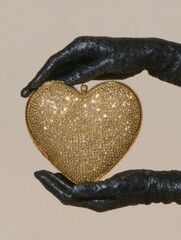 aesthetic editorial content - hand in black leather gloves holding an exquisite heart shaped clutch handbag