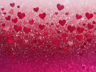Red and pink hearts with glitter sparkle on smooth gradient background, romantic and festive