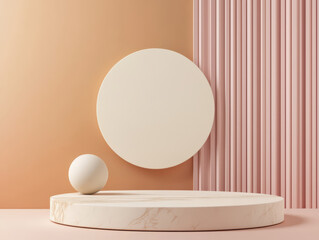 Minimalist beige podium with sphere and circle shape, soft shadows and clean shapes create