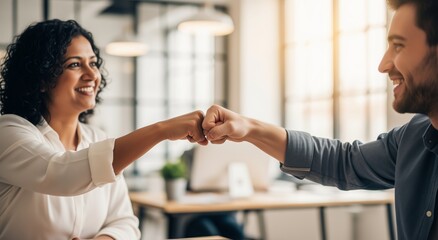 Colleagues engaging in a friendly fist bump, sharing a moment of celebration – teamwork and collaboration in a professional setting.