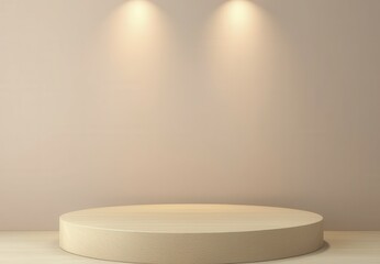 Neutral colored round wooden podium illuminated by clean spotlight with soft shadows