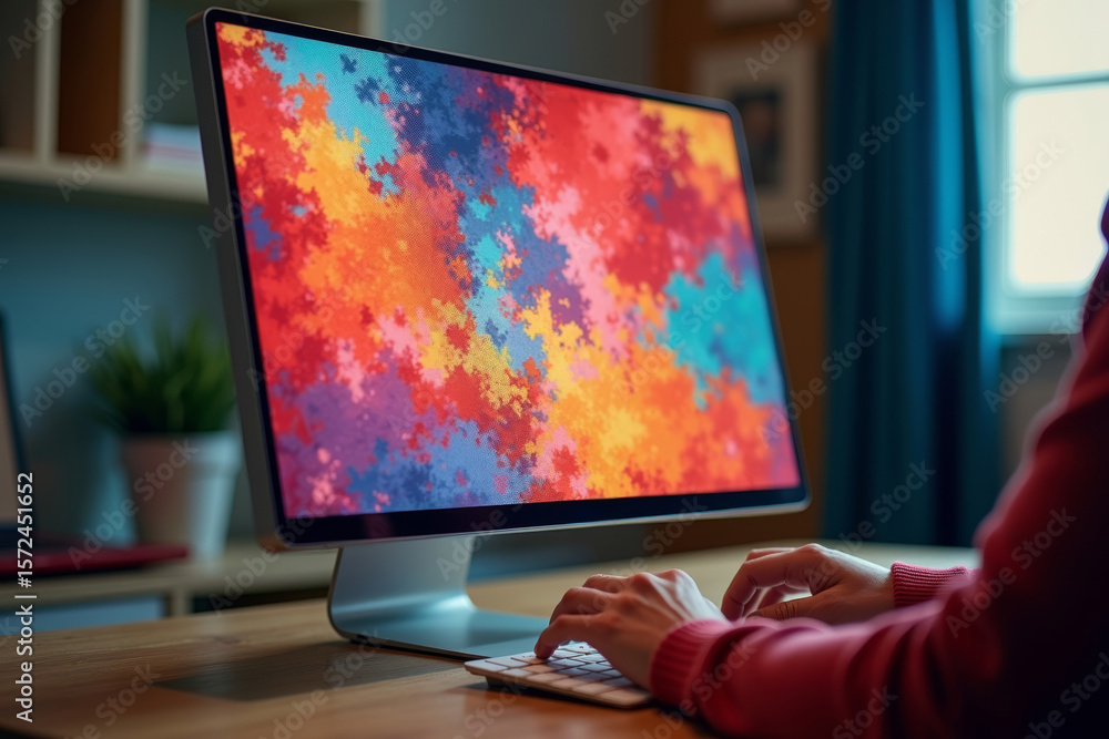 Poster person using colorful fabric as makeshift computer screen, typing away as if on a real computer