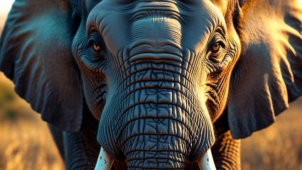 Low-Angle Portrait of an African Elephant in Natural Habitat with Golden Hour Lighting and Intricate Details of Its Face and Tusks

