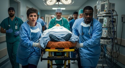 Medical professionals provide urgent care to an unconscious patient in a hospital setting – teamwork and compassion in action.