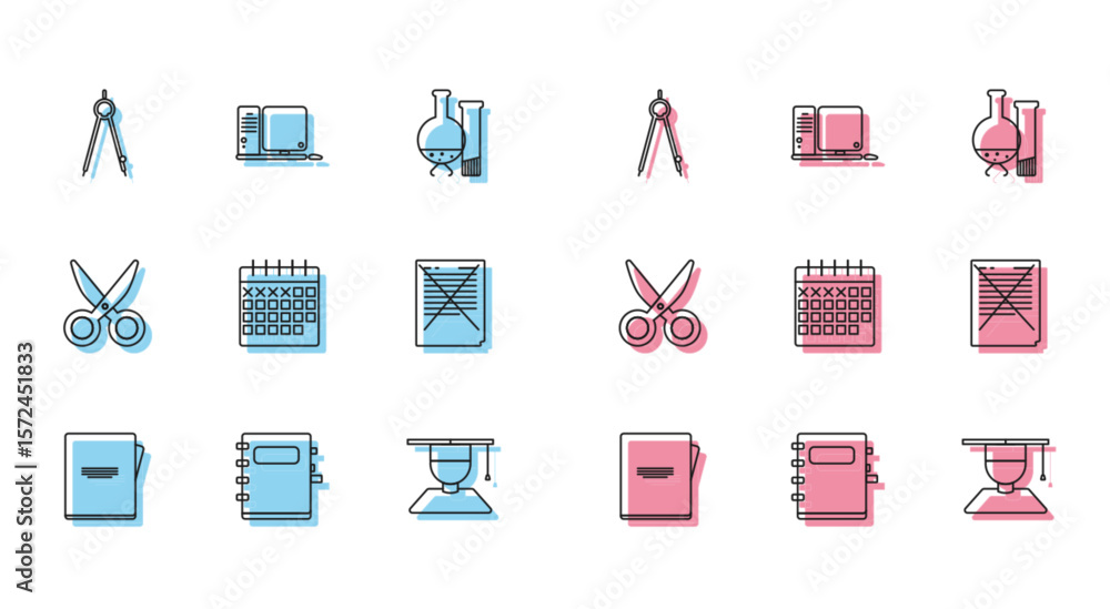 Aufkleber set line notebook, drawing compass, graduate and graduation cap, calendar, exam paper with incorrect